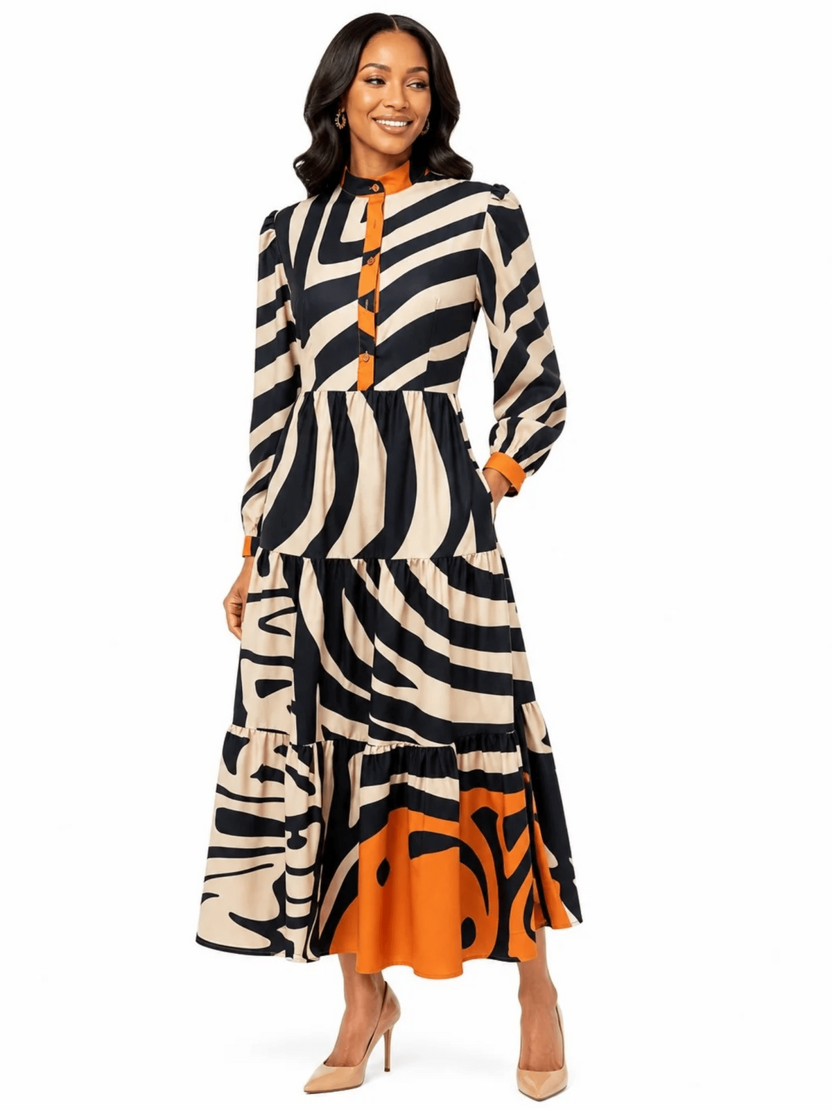Wavy Graphic Print Tiered Maxi Dress