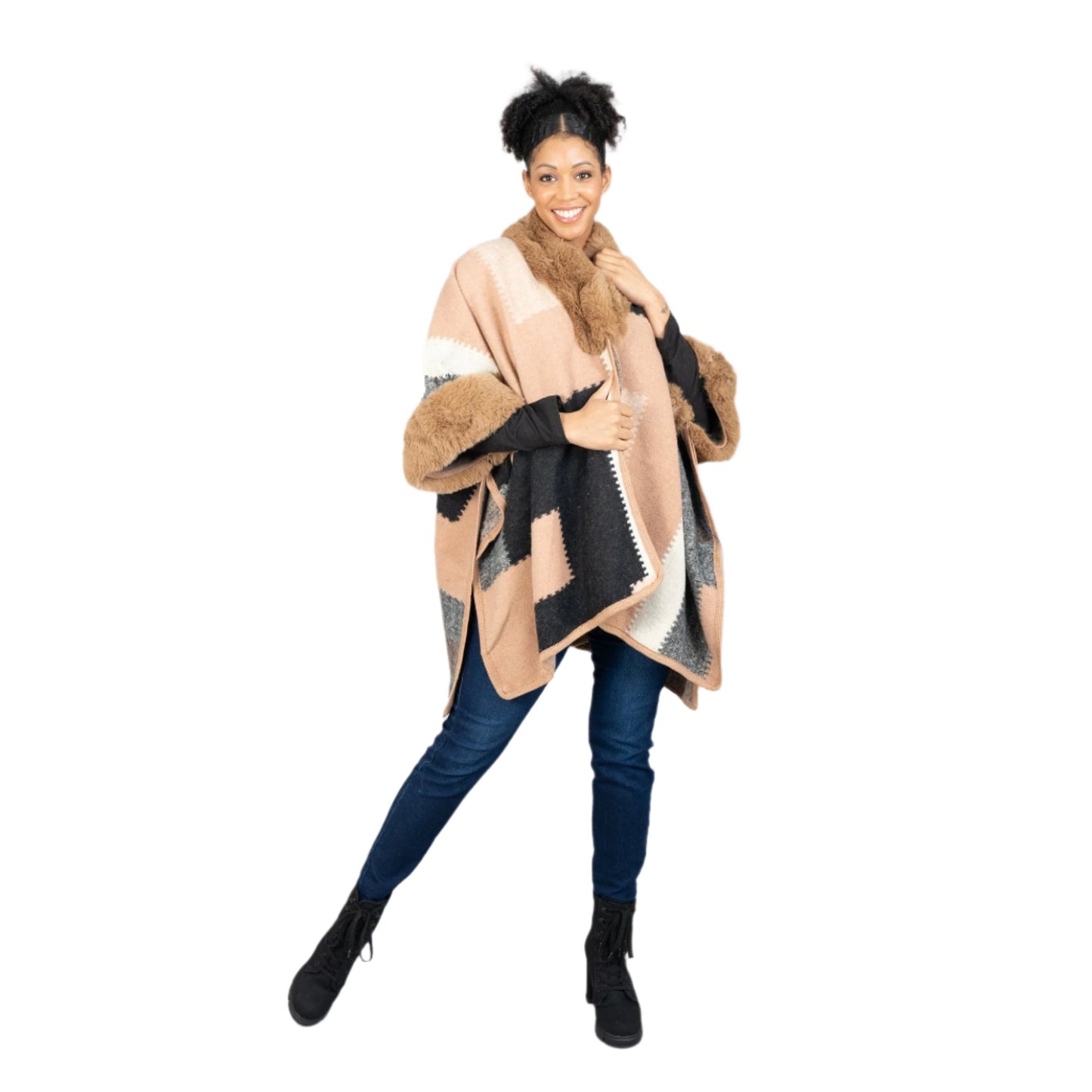 Faux Fur Trim Cape
