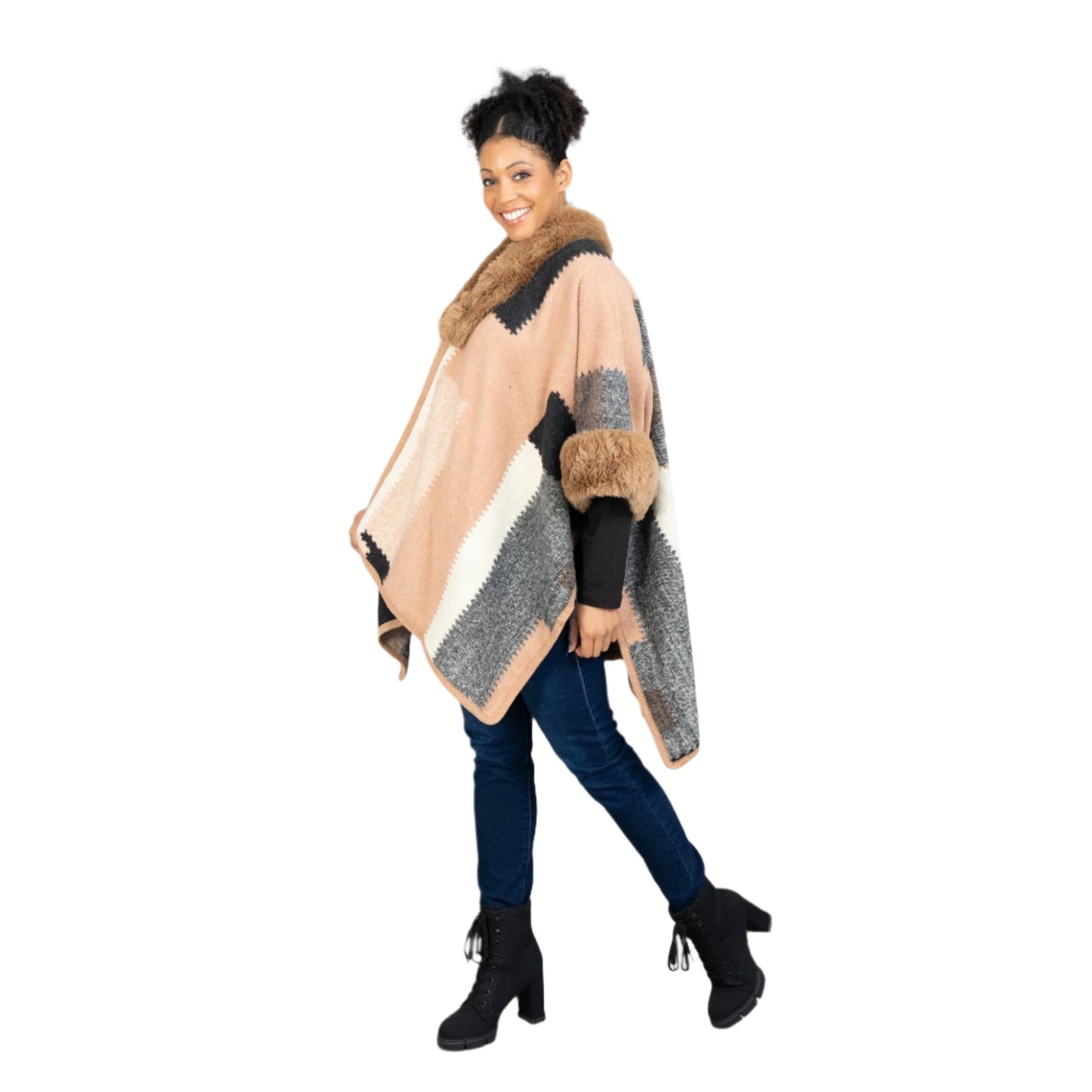 Faux Fur Trim Cape