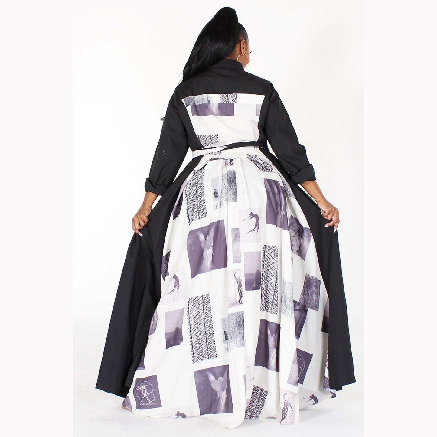 Belted Newsprint and Solid Maxi Dress