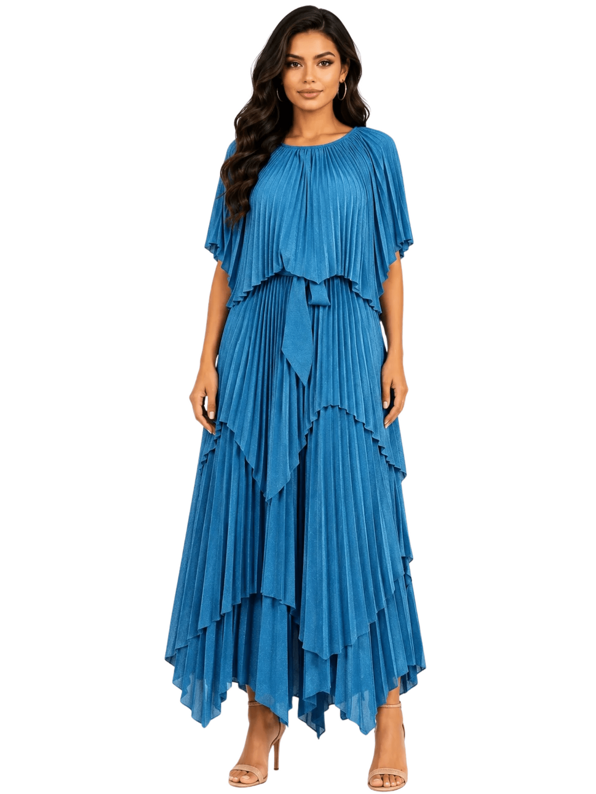 Layered Pleated Maxi Dress with Cape