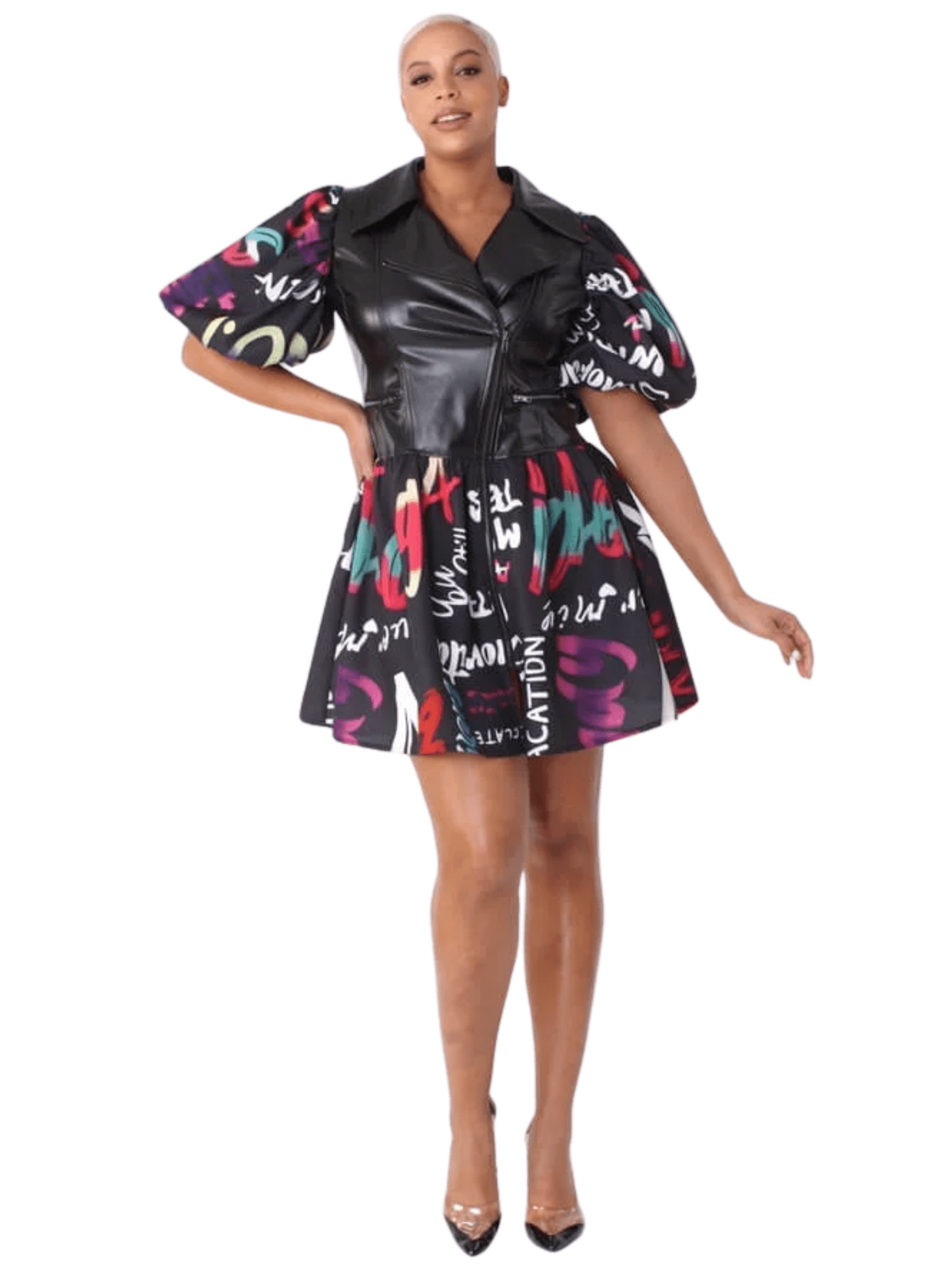 Leather Puff Sleeve Printed Dress