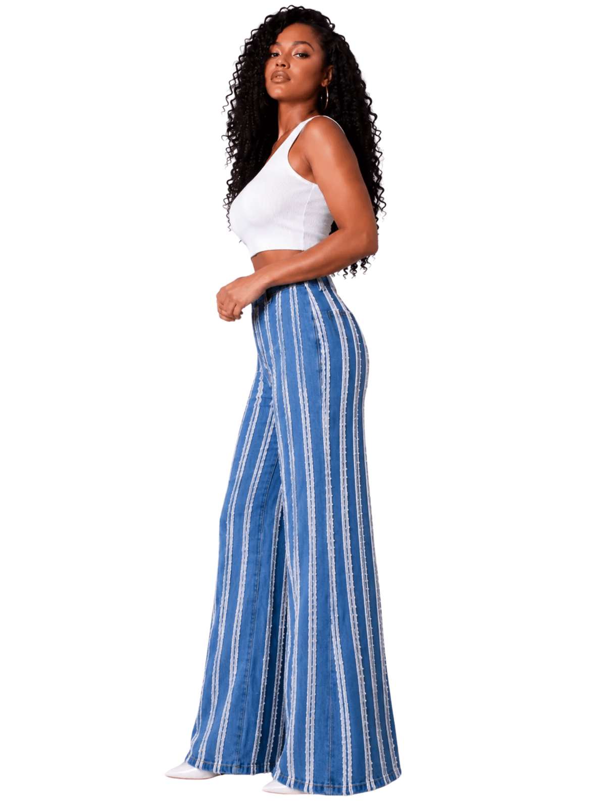 Vertical Distressed Stripe Denim Jeans
