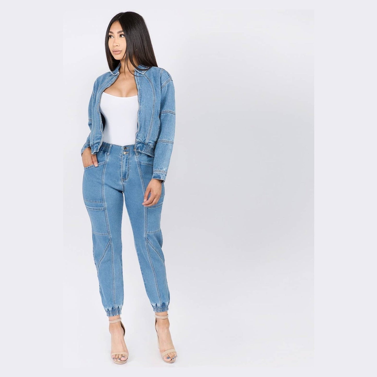 High Waist Banded Denim Joggers