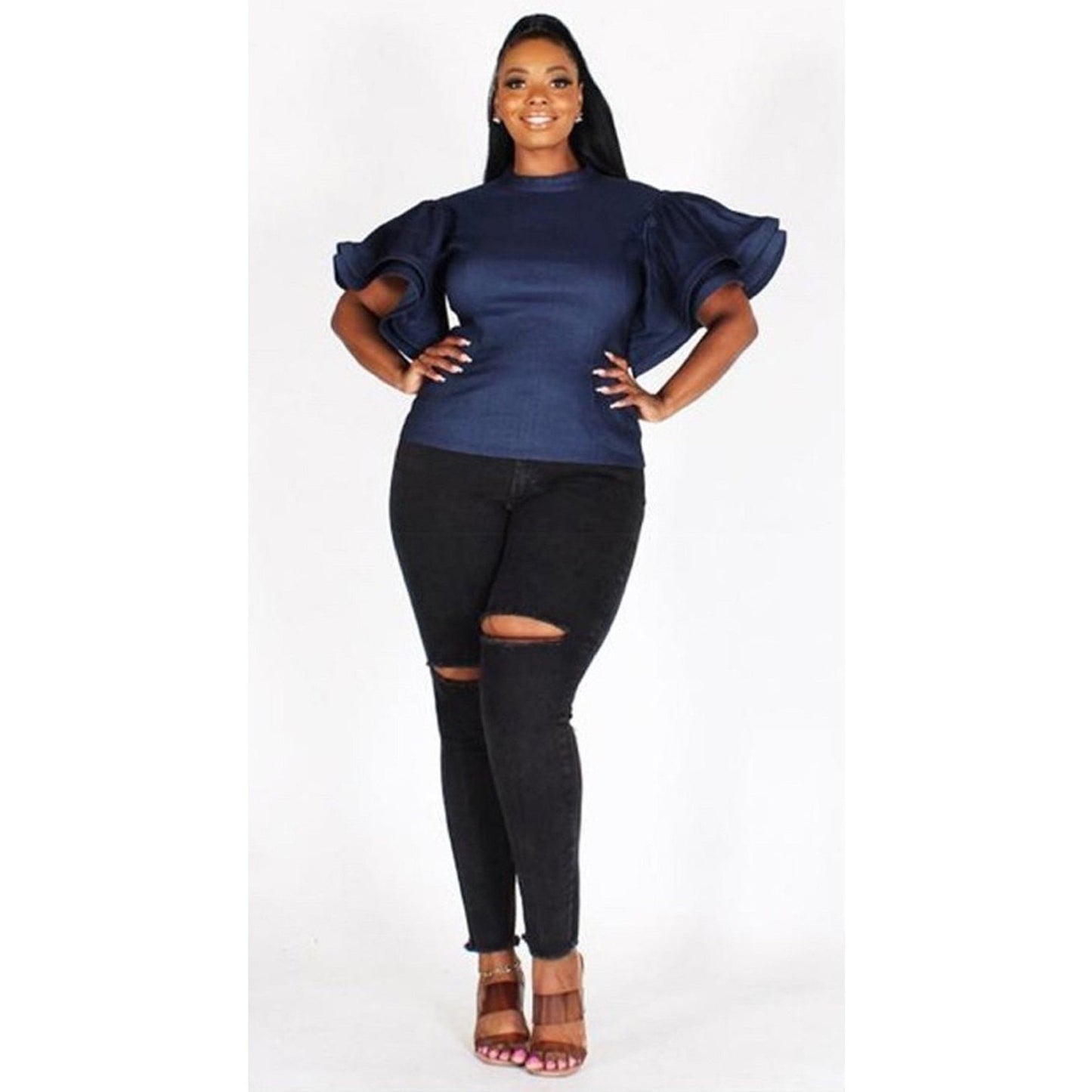 Solid Butterfly Ruffled Sleeve Top