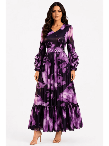 Printed Tiered Pleated Maxi Dress