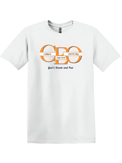 White t-shirt with 'CEO' and 'Carnes' branding on a white background