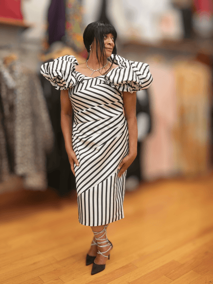 Dramatic Striped Midi Dress W/Puff Sleeves