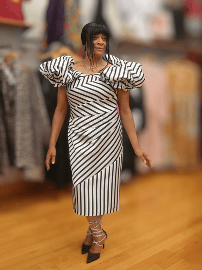 Dramatic Striped Midi Dress W/Puff Sleeves