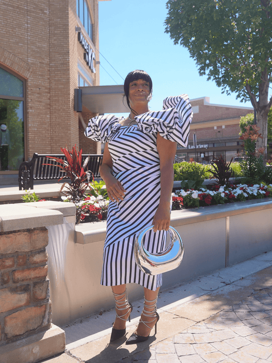 Dramatic Striped Midi Dress W/Puff Sleeves