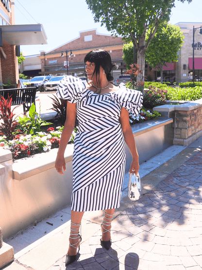 Dramatic Striped Midi Dress W/Puff Sleeves