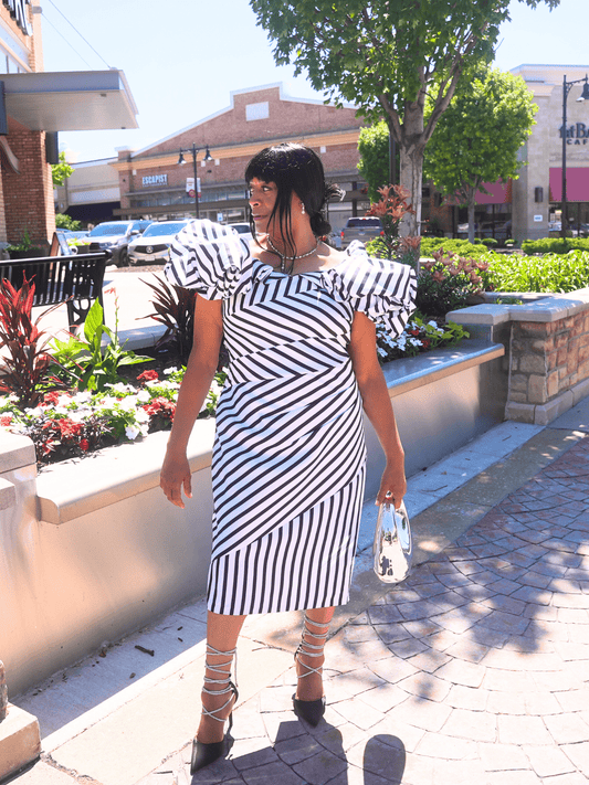 Dramatic Striped Midi Dress W/Puff Sleeves