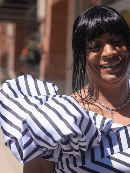 Dramatic Striped Midi Dress W/Puff Sleeves