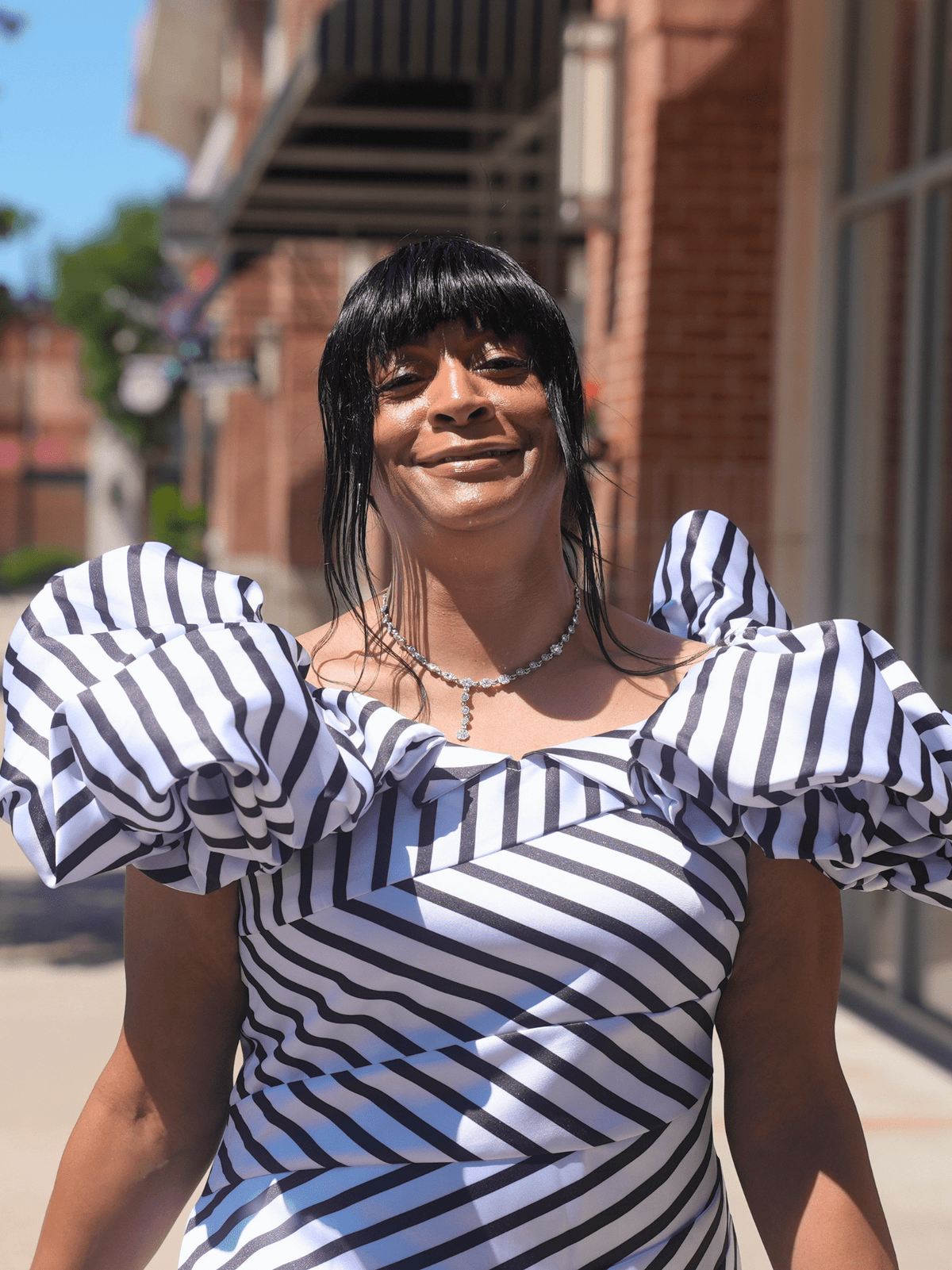 Dramatic Striped Midi Dress W/Puff Sleeves
