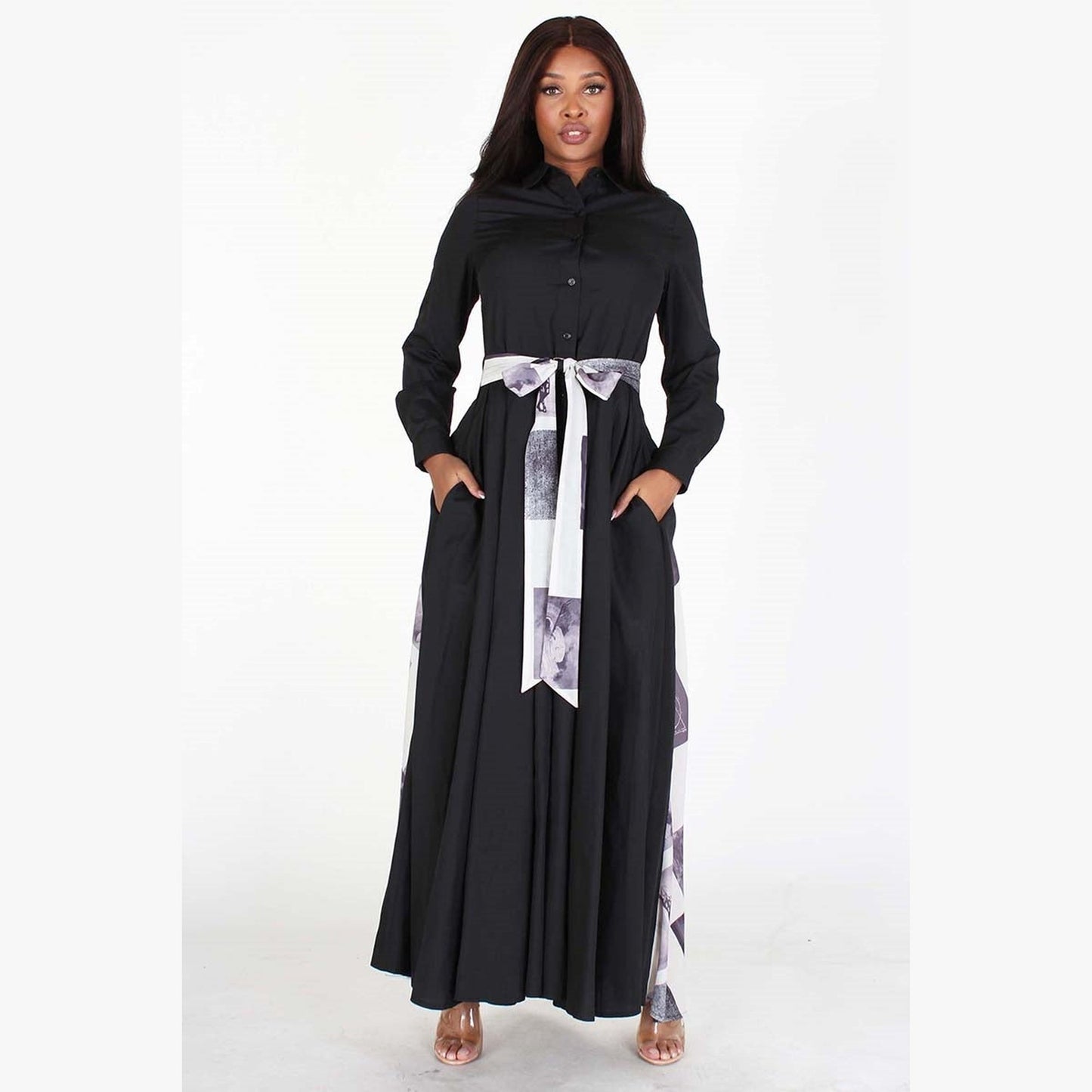 Belted Newsprint and Solid Maxi Dress