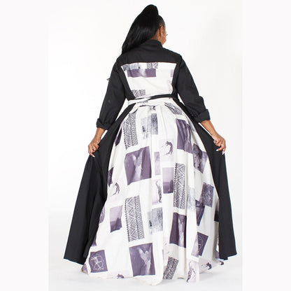 Belted Newsprint and Solid Maxi Dress