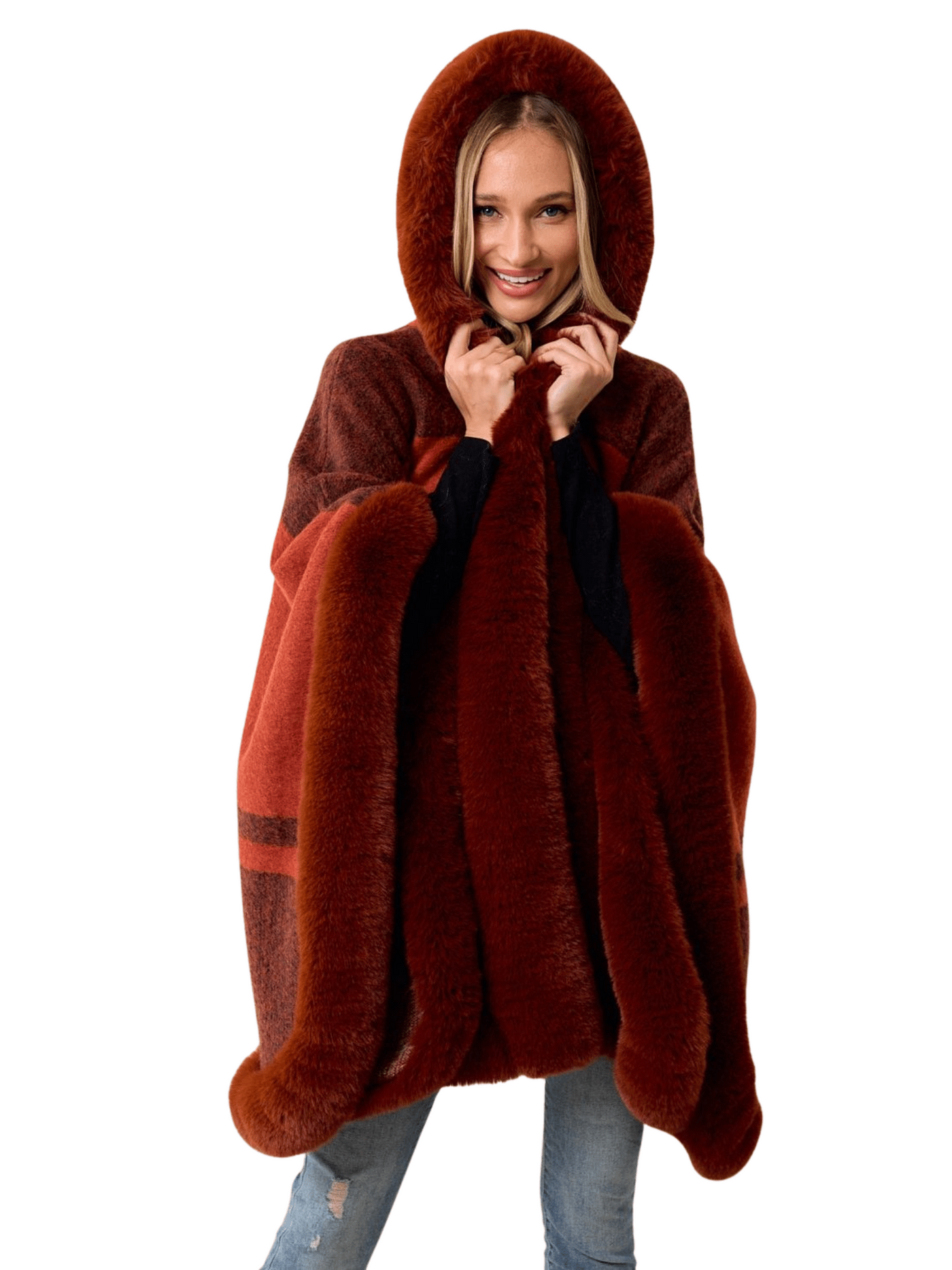 Hooded Color Blocked Poncho