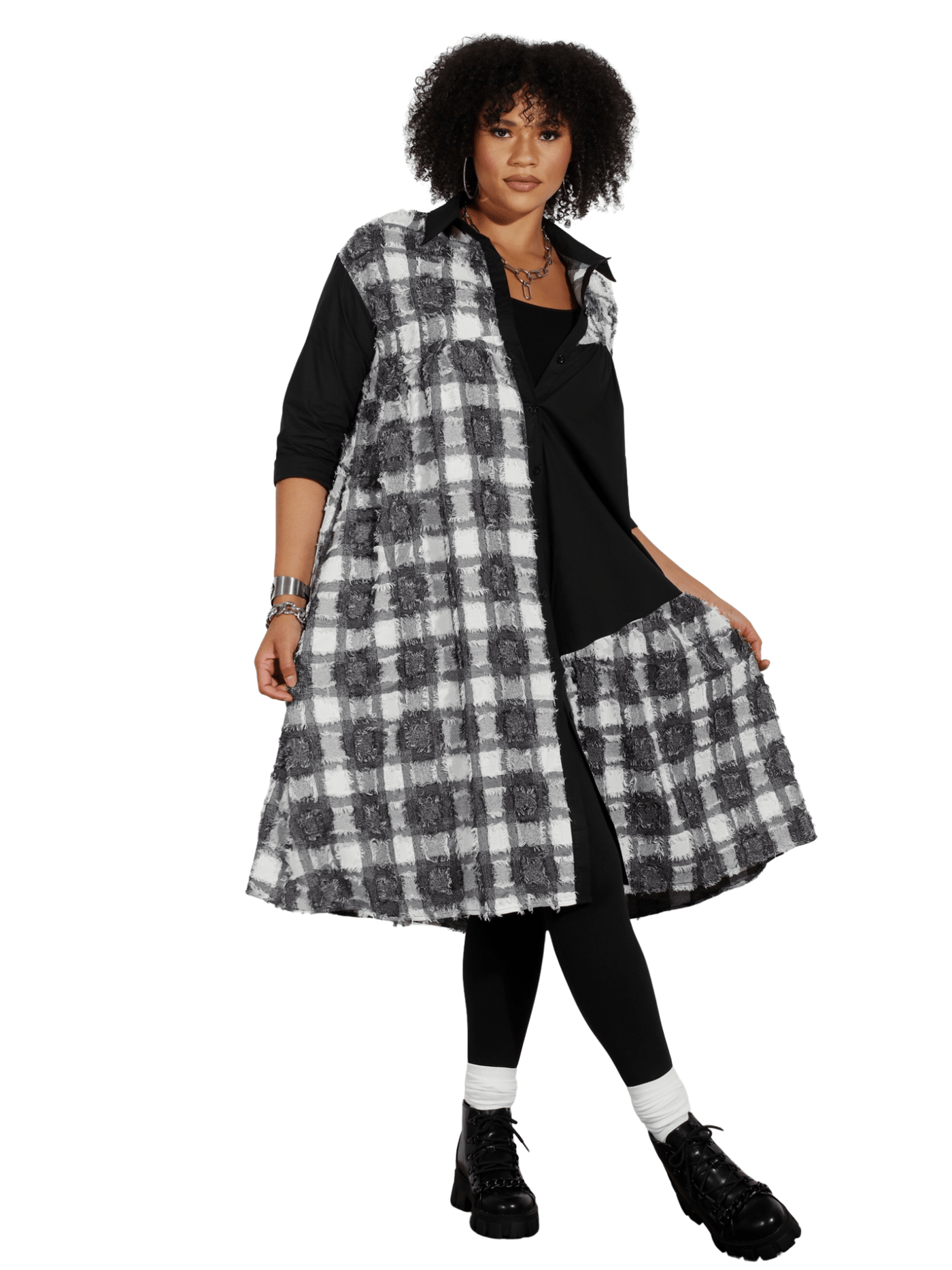 Frayed Checker Print Dress