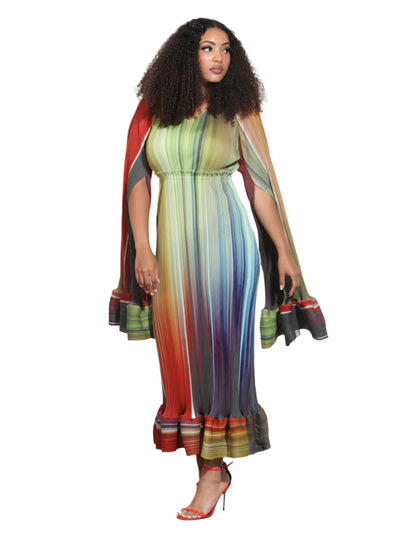 Woman wearing a colorful striped dress with a matching shawl on a white background