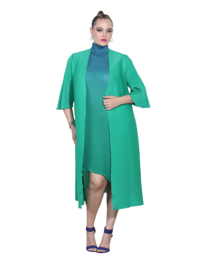 Woman wearing a green outfit with a white background