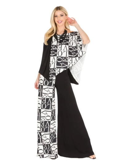 Woman wearing a black and white patterned dress with a scarf on a white background