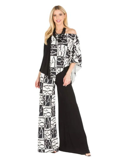 Woman wearing a black and white patterned dress on a white background