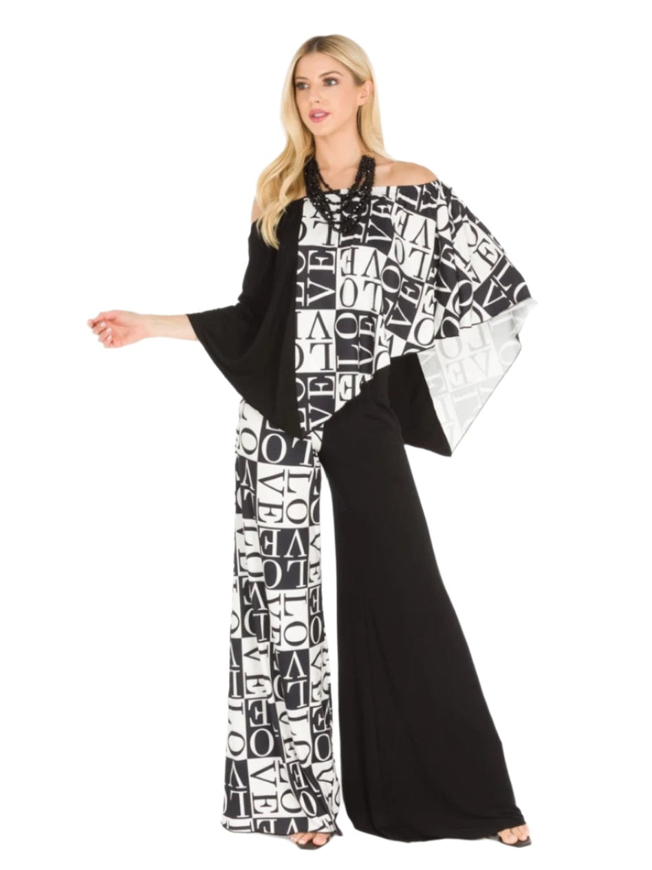 Woman wearing a black and white patterned outfit on a white background