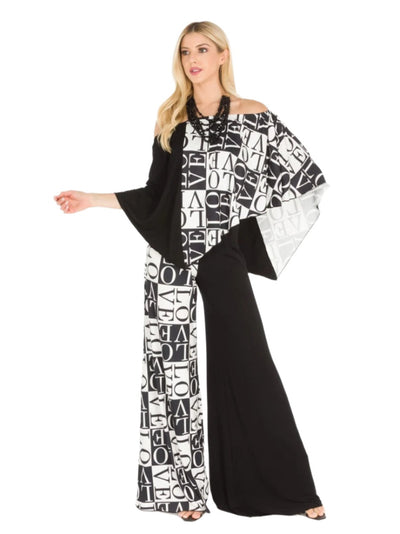 Woman wearing a black and white patterned outfit on a white background