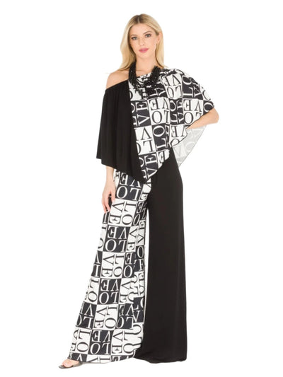 Woman wearing a black and white patterned dress with 'LOVE' letters on a white background