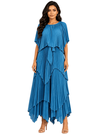 Layered Pleated Maxi Dress with Cape