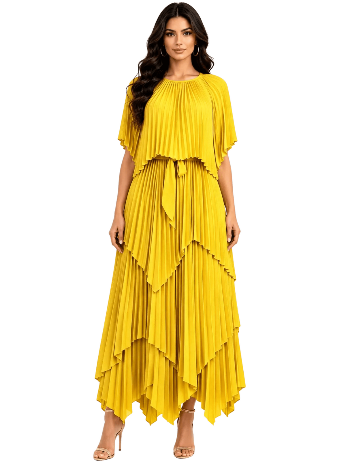 Layered Pleated Maxi Dress with Cape