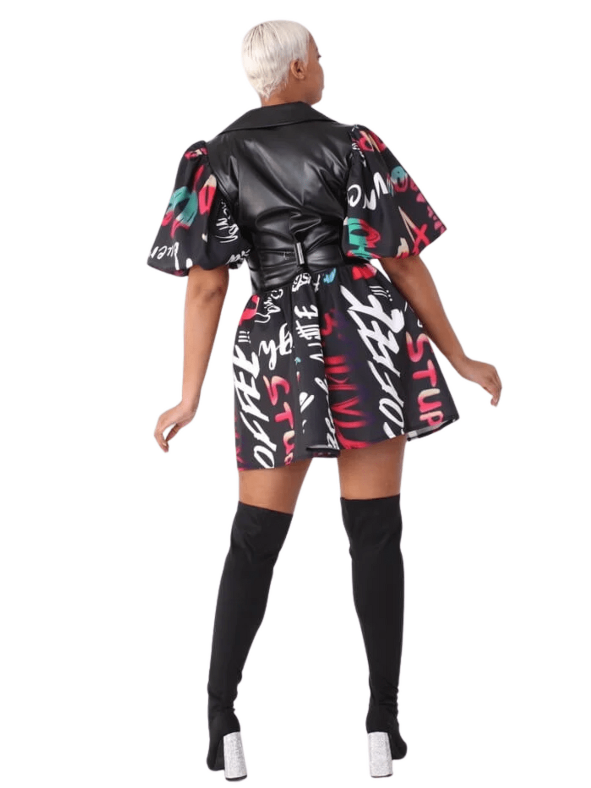 Leather Puff Sleeve Printed Dress