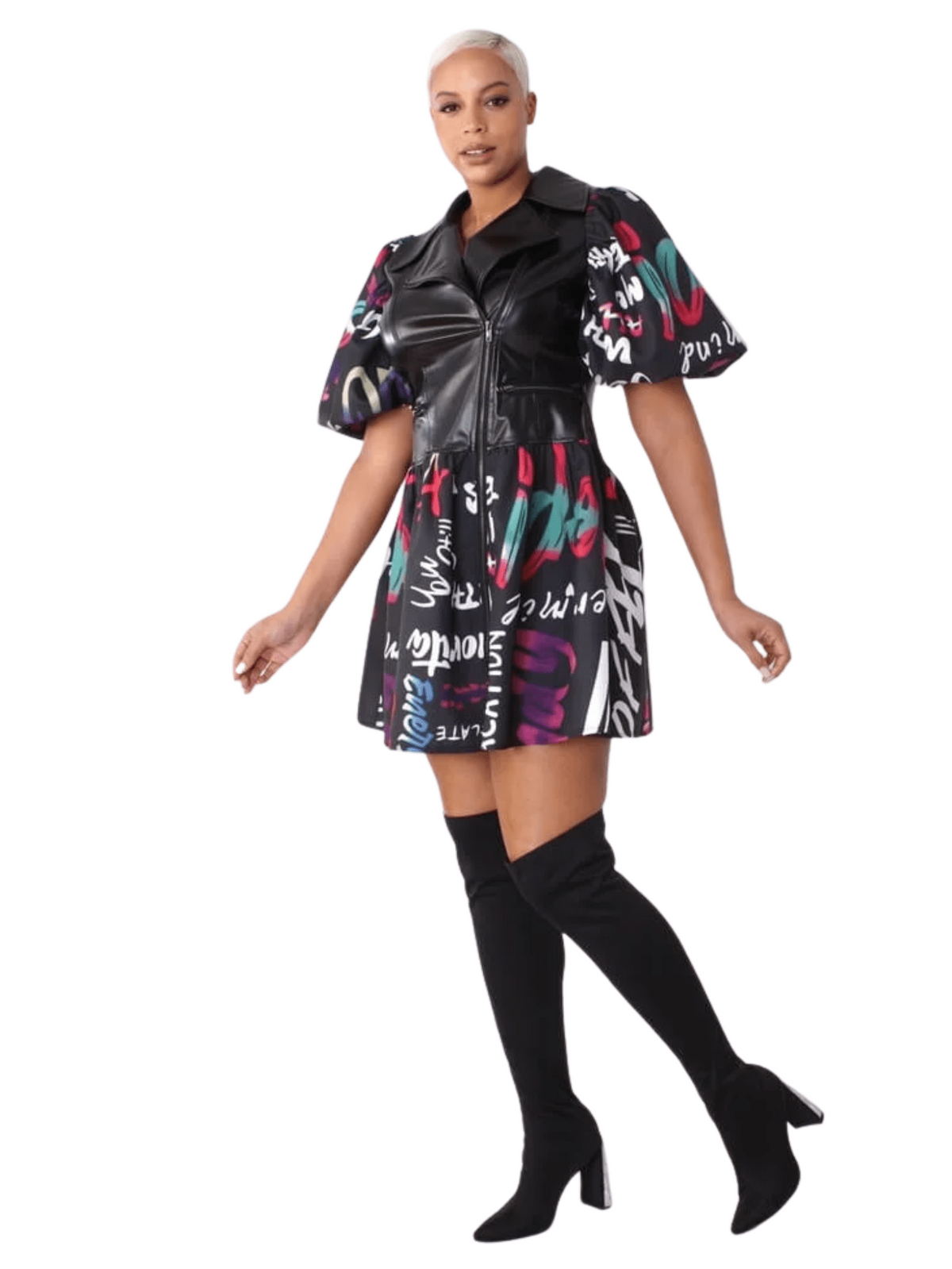 Leather Puff Sleeve Printed Dress