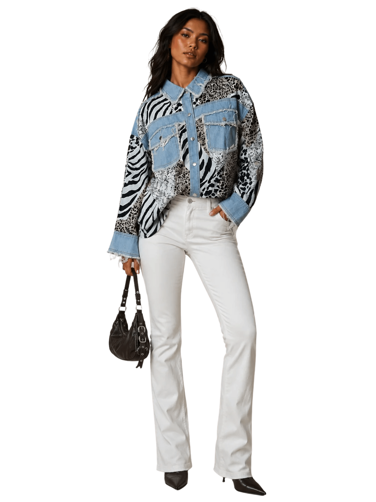 Mixed Animal Print Denim Detail Shirt