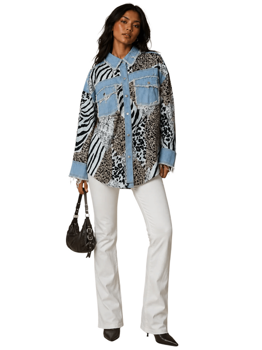 Mixed Animal Print Denim Detail Shirt
