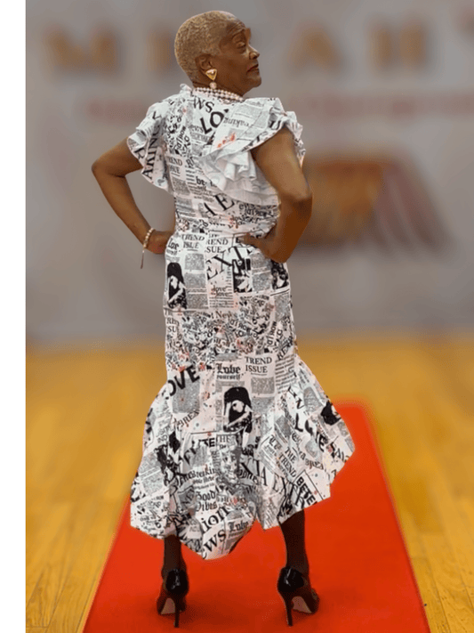 Newspaper Ruffle Midi Dress