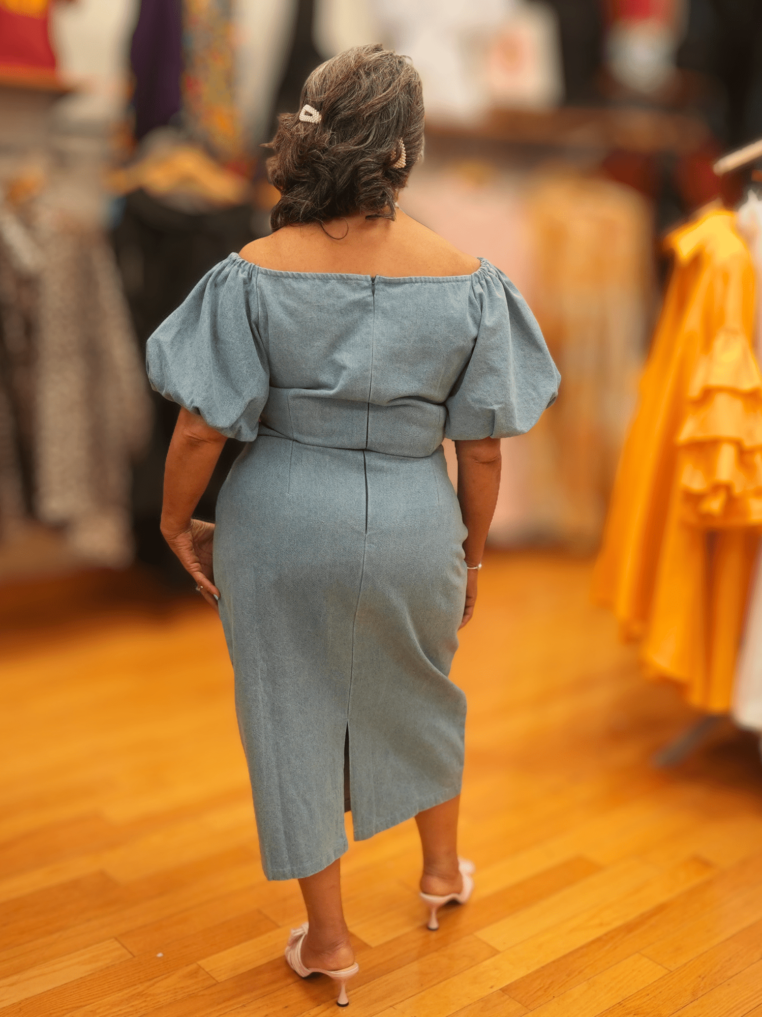 Off-Shoulder Puff Sleeve Denim Dress Denim/Blue / XL
