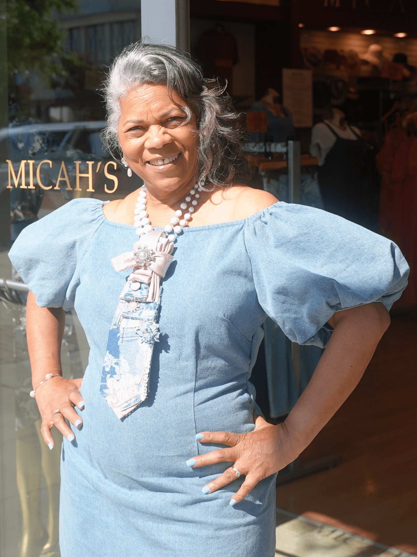 Off-Shoulder Puff Sleeve Denim Dress Denim/Blue / M
