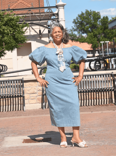 Off-Shoulder Puff Sleeve Denim Dress Denim/Blue / M