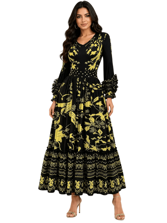 Printed Tiered Pleated Maxi Dress