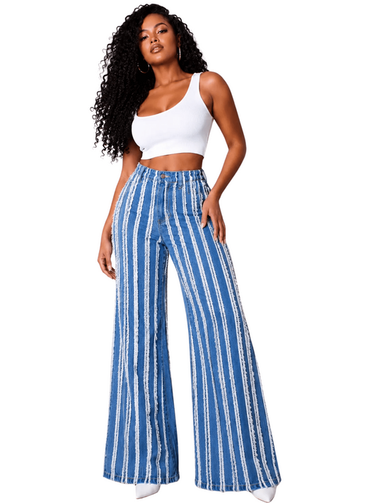 Vertical Distressed Stripe Denim Jeans