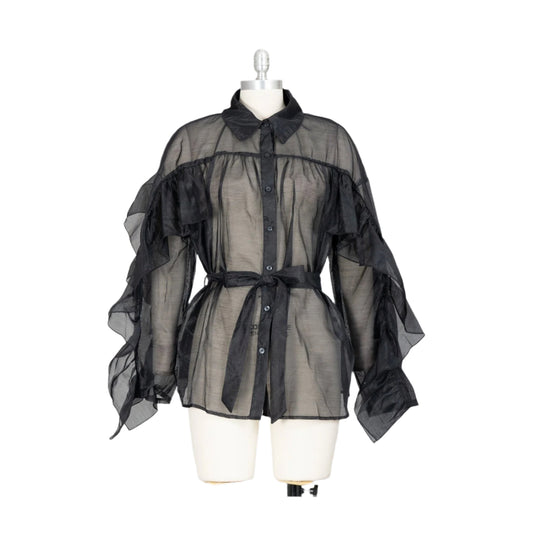 Sheer Ruffle Sleeve Belted PS Top